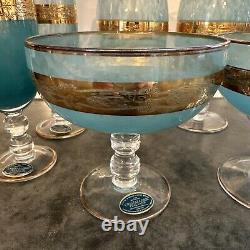Set of 8 VTG Cristallerie Italiane Aqua Blue & 24K Gold Gilt Glasses RARE