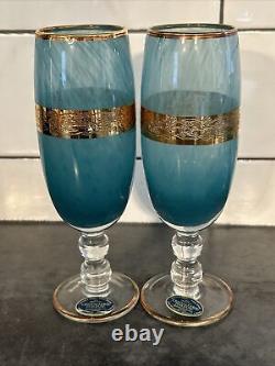 Set of 8 VTG Cristallerie Italiane Aqua Blue & 24K Gold Gilt Glasses RARE