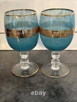 Set of 8 VTG Cristallerie Italiane Aqua Blue & 24K Gold Gilt Glasses RARE