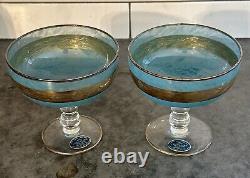 Set of 8 VTG Cristallerie Italiane Aqua Blue & 24K Gold Gilt Glasses RARE