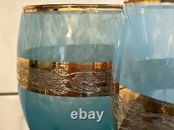 Set of 8 VTG Cristallerie Italiane Aqua Blue & 24K Gold Gilt Glasses RARE