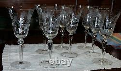 Set of 8 Vintage Antique Crystal Floral Etched Wine Glasses