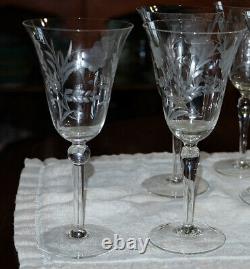 Set of 8 Vintage Antique Crystal Floral Etched Wine Glasses