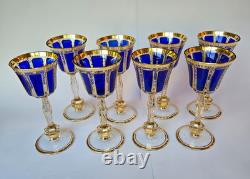 Set of 8 Vintage Bohemian Cobalt Blue Cabochon Wine Goblets 7 7/8