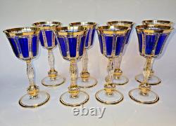 Set of 8 Vintage Bohemian Cobalt Blue Cabochon Wine Goblets 7 7/8