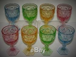Set of 8 Vintage FOSTORIA MOONSTONE Wine Glasses Colors Green Blue Yellow Pink