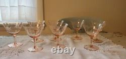 Set of 8 Vintage Pink Depression Etched Wine Glasses