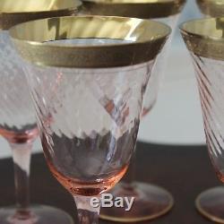 Set of 8 Vintage Tiffin Pink Swirl Gold Rimmed Wine or Water Glasses