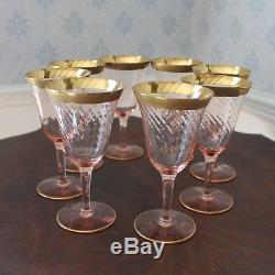 Set of 8 Vintage Tiffin Pink Swirl Gold Rimmed Wine or Water Glasses