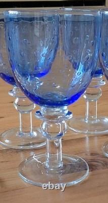 Set of 8 Zrike Blue Bubble Stem Goblets Hand Blown Glass Vintage Wine Glasses