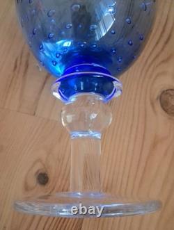 Set of 8 Zrike Blue Bubble Stem Goblets Hand Blown Glass Vintage Wine Glasses