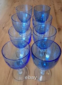 Set of 8 Zrike Blue Bubble Stem Goblets Hand Blown Glass Vintage Wine Glasses