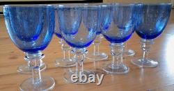 Set of 8 Zrike Blue Bubble Stem Goblets Hand Blown Glass Vintage Wine Glasses
