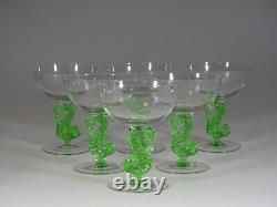 Set of Wonderful Vintage Czech Glass Green Dolphin Stem Saucer Champagnes c. 1930
