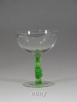 Set of Wonderful Vintage Czech Glass Green Dolphin Stem Saucer Champagnes c. 1930