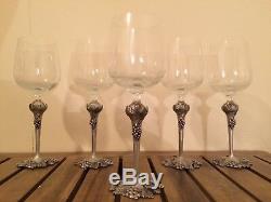 Set of five Vintage Crystal Wine Glasses Pewter Stems Grape and Leaf Motif