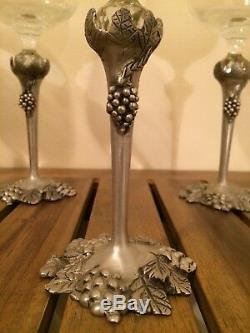 Set of five Vintage Crystal Wine Glasses Pewter Stems Grape and Leaf Motif