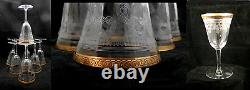 Seven Exquisite Vintage Gold Rimmed Etched Goblets Claret Wine Water Glasses