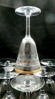 Seven Exquisite Vintage Gold Rimmed Etched Goblets Claret Wine Water Glasses