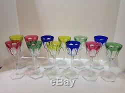 Signed Baccarat set 12 cut wine goblets 4 colors. Vintage. France. Compiegne