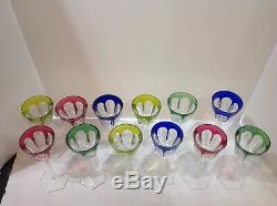 Signed Baccarat set 12 cut wine goblets 4 colors. Vintage. France. Compiegne