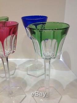 Signed Baccarat set 12 cut wine goblets 4 colors. Vintage. France. Compiegne