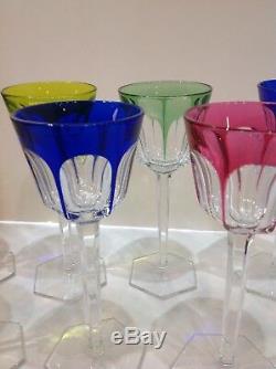 Signed Baccarat set 12 cut wine goblets 4 colors. Vintage. France. Compiegne