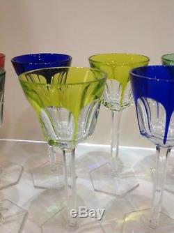 Signed Baccarat set 12 cut wine goblets 4 colors. Vintage. France. Compiegne