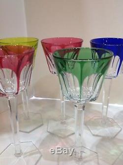 Signed Baccarat set 12 cut wine goblets 4 colors. Vintage. France. Compiegne