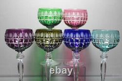 Six (6) Bohemian Czech Multi Color Cut to Clear Hock Crystal Wine Glasses MINT