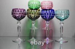 Six (6) Bohemian Czech Multi Color Cut to Clear Hock Crystal Wine Glasses MINT