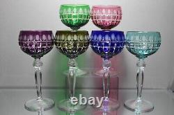 Six (6) Bohemian Czech Multi Color Cut to Clear Hock Crystal Wine Glasses MINT