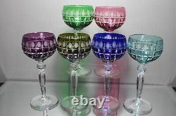 Six (6) Bohemian Czech Multi Color Cut to Clear Hock Crystal Wine Glasses MINT
