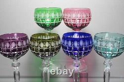 Six (6) Bohemian Czech Multi Color Cut to Clear Hock Crystal Wine Glasses MINT