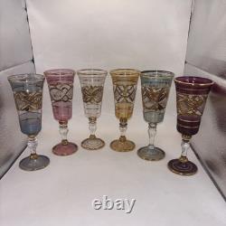 Six VTG Multicolored Egyptian Modern Cordial Wine Glasses Gold Trim Handblown