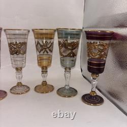 Six VTG Multicolored Egyptian Modern Cordial Wine Glasses Gold Trim Handblown