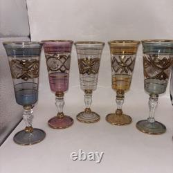 Six VTG Multicolored Egyptian Modern Cordial Wine Glasses Gold Trim Handblown
