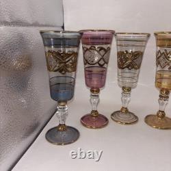 Six VTG Multicolored Egyptian Modern Cordial Wine Glasses Gold Trim Handblown