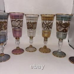 Six VTG Multicolored Egyptian Modern Cordial Wine Glasses Gold Trim Handblown