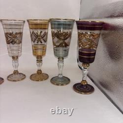 Six VTG Multicolored Egyptian Modern Cordial Wine Glasses Gold Trim Handblown