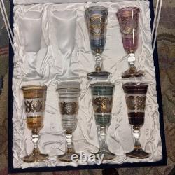 Six VTG Multicolored Egyptian Modern Cordial Wine Glasses Gold Trim Handblown