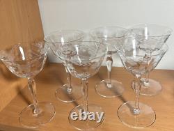 Six Vintage Crystal Wheat/Berry Etched Pattern Stemmed Wine Glasses 6 Tall 6oz