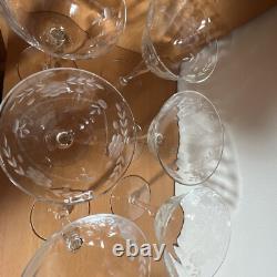 Six Vintage Crystal Wheat/Berry Etched Pattern Stemmed Wine Glasses 6 Tall 6oz