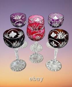 Six Vintage Czech Bohemian Crystal Cut Multicolor Wine Hocks / Wine Glasses