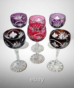 Six Vintage Czech Bohemian Crystal Cut Multicolor Wine Hocks / Wine Glasses