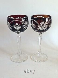 Six Vintage Czech Bohemian Crystal Cut Multicolor Wine Hocks / Wine Glasses