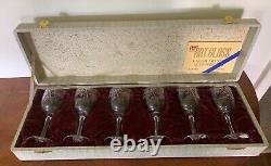 Six Vintage KAGAMI CRYSTAL Art Glass Etched Bamboo Wine Glasses withlabels & box