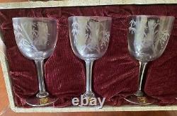 Six Vintage KAGAMI CRYSTAL Art Glass Etched Bamboo Wine Glasses withlabels & box