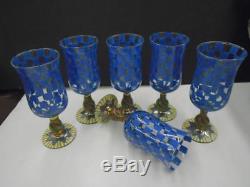 Six Vintage MACKENZIE-CHILDS Circus Blue Check Water Wine Glass Glasses/Goblets