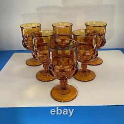 Six vintage Amber kings crown wine water Indiana glass goblets READ
